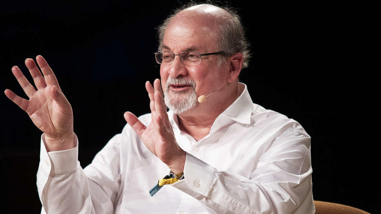 British author Salman Rushdie speaks during the Heartland Festival in  Kværndrup, on June 2, 2018. (Photo by Carsten Bundgaard / Ritzau Scanpix / AFP) / Denmark OUT