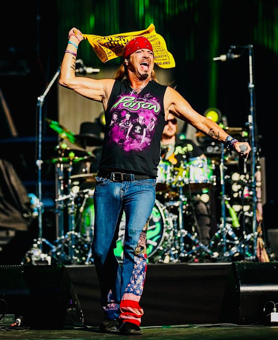 Bret Michaels looking enthused as he hits the stage last August at a sold-out PNC Park.