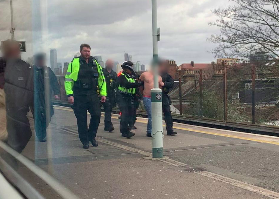 The man ended up on a train at Peckham Railway Station in London while still carrying the blade. (SWNS)