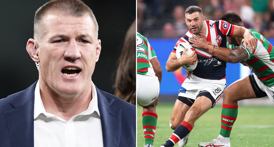 Pictured left to right, Paul Gallen and Roosters captain James Tedesco.