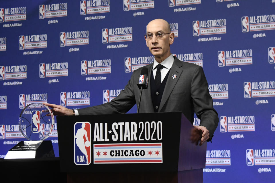 NBA Commissioner Adam Silver unveils the NBA All-Star Game Kobe Bryant MVP Award during a news conference Saturday, Feb. 15, 2020, in Chicago. (AP Photo/David Banks)