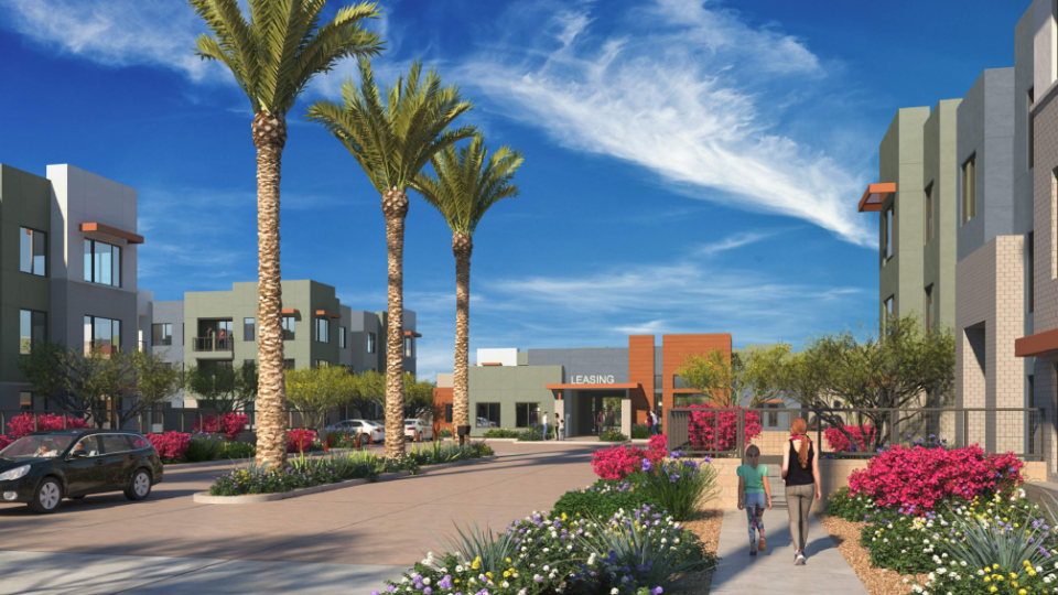 Artist's rendering shows the entrance to 67 Flats in Glendale, Arizona.