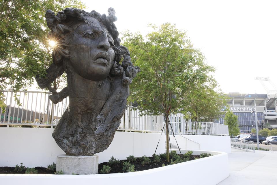 A sculpture by Mexican artist Javier Marin has been relocated from the Jacksonville Internation Airport to outside the Jaguars Miller Electric Center, donated by the Jacksonville Aviation Authority. Other examples of public art are on display at the Miller Center.