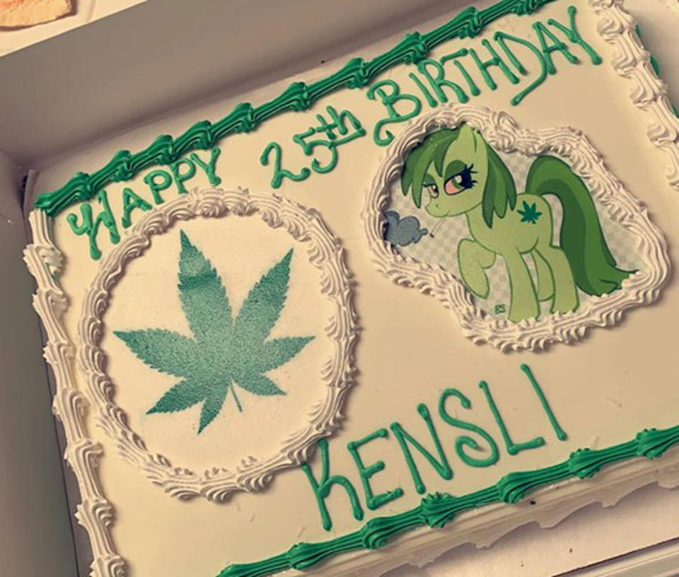 Kensli Davis asked for a Moana birthday cake for her 25th birthday but instead received one with a marijuana leaf. It's pictured here. She claims the bakery misunderstood her mum who put the order in.