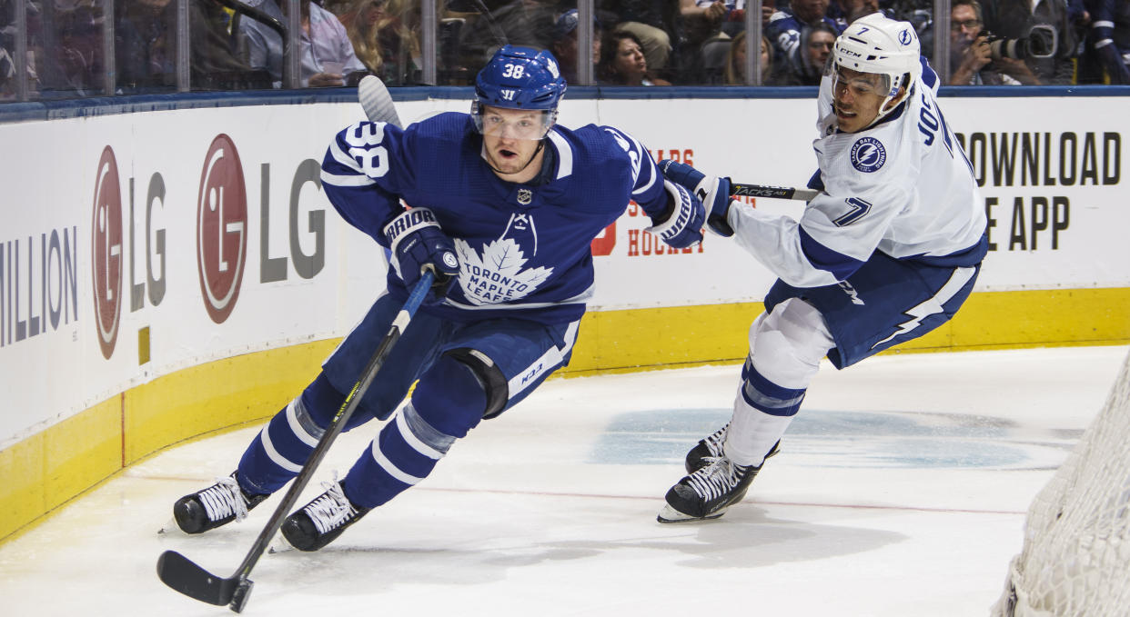 Rasmus Sandin picked up two assists in six games this season with the Toronto Maple Leafs. (Photo by Mark Blinch/NHLI via Getty Images)