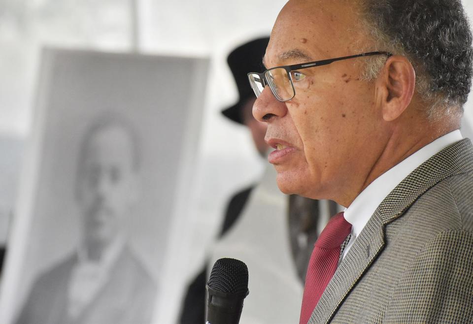 Hugh Price speaks at the unveiling of the Lewis Latimer gravestone at Oak Grove cemetery Saturday Sept 23,2023.