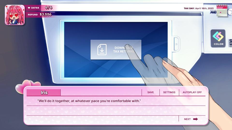 A screenshot from MSCHF's "Tax Heaven 3000" dating simulator.