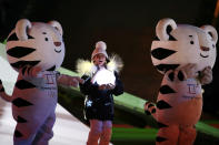 Olympic mascots and a young girl participate in the closing ceremony of the 2018 Winter Olympics in Pyeongchang, South Korea, Feb. 25, 2018. (AP Photo/Natacha Pisarenko)