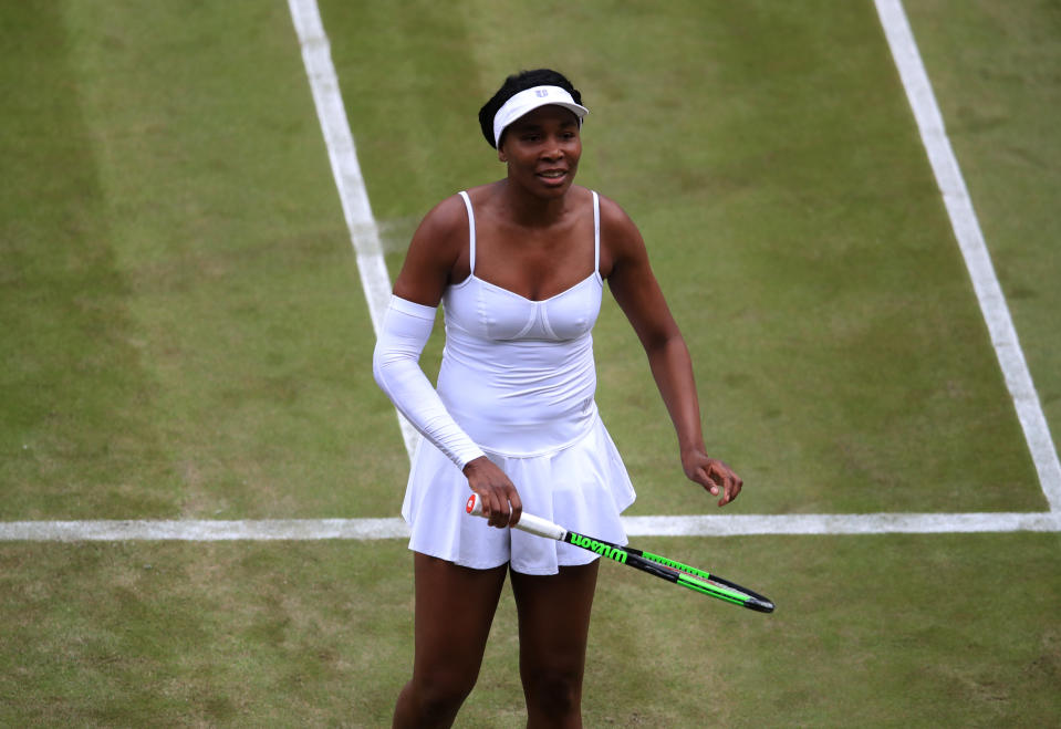 Venus Williams during her match against Cori Gauff on day one of the Wimbledon Championships at the All England Lawn Tennis and Croquet Club, Wimbledon.