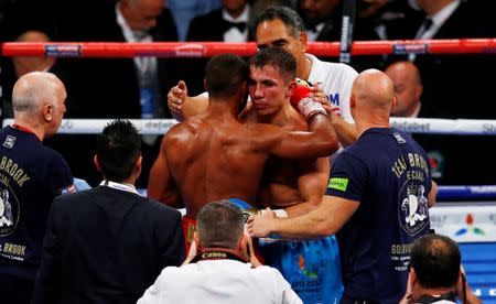 Britain Boxing - Gennady Golovkin v Kell Brook WBC, IBF & IBO World Middleweight Titles - The O2 Arena, London - 10/9/16 Kell Brook with Gennady Golovkin at the end of the fight Action Images via Reuters / Peter Cziborra Livepic