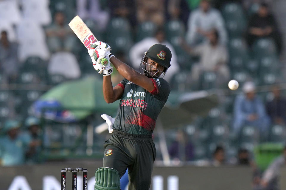 Bangladesh's Najmul Hossain Shanto plays a shot during the Asia Cup cricket match between Bangladesh and Afghanistan in Lahore, Pakistan, Sunday, Sept. 3, 2023. (AP Photo/K.M. Chaudary)