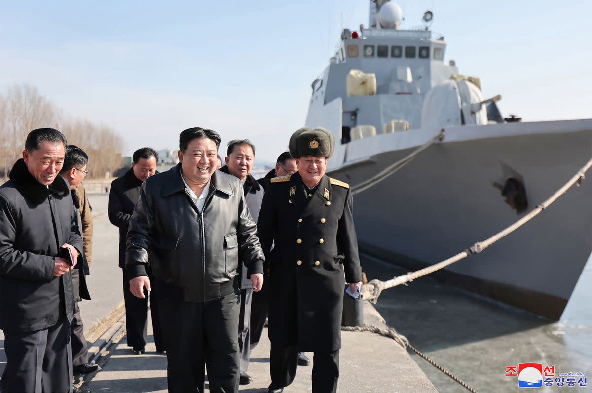This undated photo released by North Korea’s official Korean Central News Agency (KCNA) on February 2, 2024 shows North Korean leader Kim Jong Un (C) inspecting the Nampho Dockyard in North Korea (KCNA VIA KNS/AFP via Getty Image)