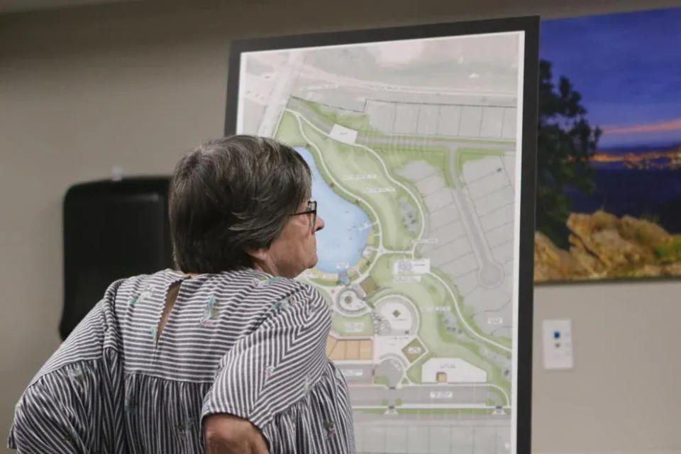 Lifelong Sturgis resident Bonni Alberts inspects three conceptual renderings of the Sturgis Adventure Park at the Sturgis City Council meeting on Monday.