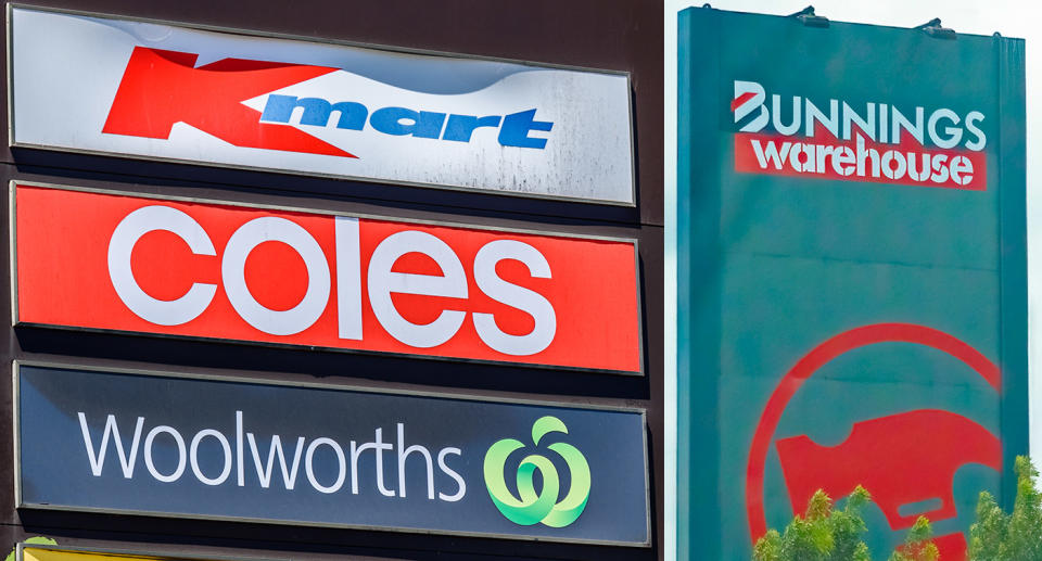 Signs of Australian retailers Kmart, Coles, Woolworths and Bunnings