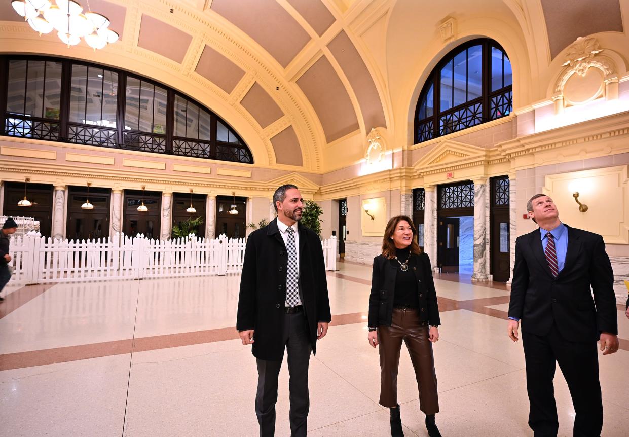 From left, City Manager Eric Batista, Lt. Gov. Karyn Polito and Secretary of Transportation Jamey Tesler tour Union Station.