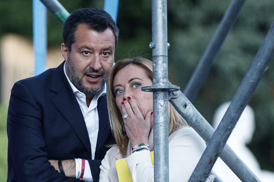 The League's Matteo Salvini, left, and Brothers of Italy's Giorgia Meloni attend the center-right closing rally in Rome Thursday, Sep. 22, 2022. Italians will vote on Sunday in what is billed as a crucial election on a continent reeling from the repercussions of the war in Ukraine. For the first time in Italy since the end of World War II, the balloting's outcome could propel into the premiership Giorgia Meloni, a leader with a far-right agenda. (Roberto Monaldo/LaPresse via AP)