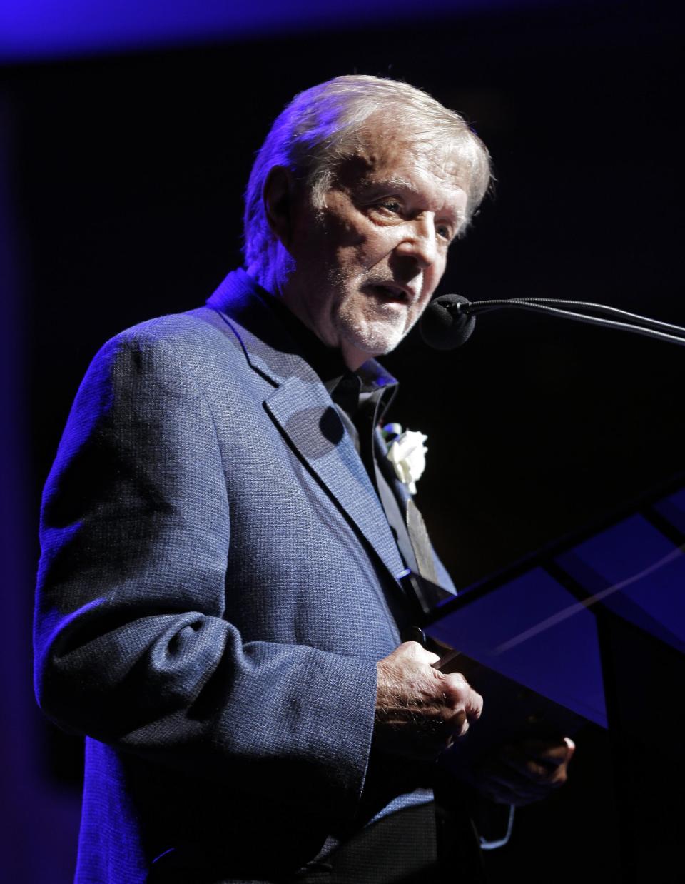 Larry Henley speaks as he is inducted into the Nashville Songwriters Hall of Fame on Sunday, Oct. 7, 2012, in Nashville, Tenn. (AP Photo/Mark Humphrey)