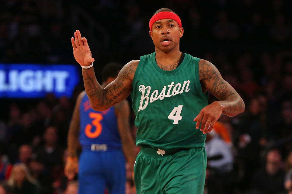 Isaiah Thomas reacts after hitting a 3-pointer against the Knicks at Madison Square Garden on Christmas Day. (Getty Images)