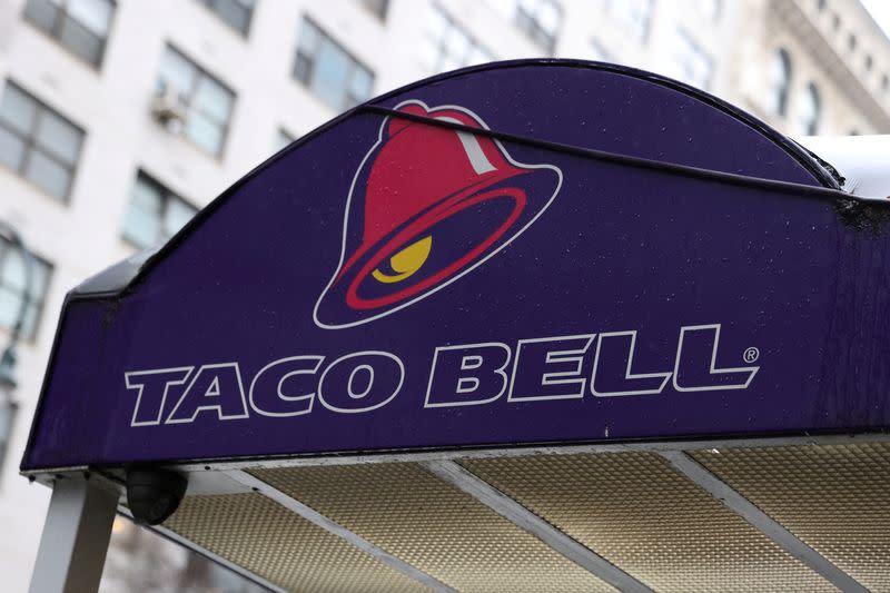 FILE PHOTO: The logo of Taco Bell, a subsidiary of Yum! Brands, Inc. is seen in Manhattan, New York City