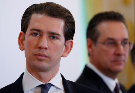 FILE PHOTO: Austria's Chancellor Sebastian Kurz and Vice Chancellor Heinz-Christian Strache address the media in Vienna, Austria March 6, 2019. REUTERS/Leonhard Foeger