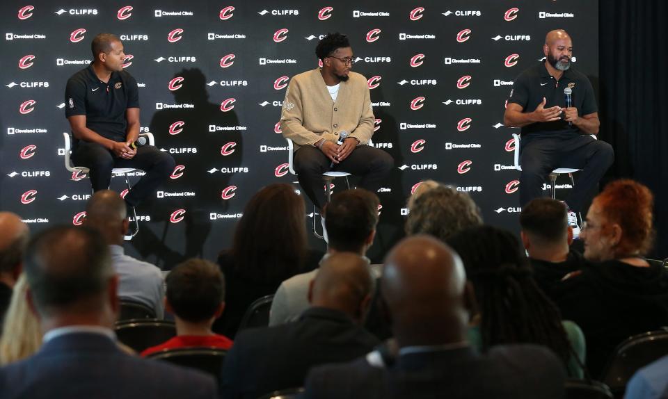 Cleveland Cavaliers President of Basketball Operations Koby Altman, left, guard Donovan Mitchell, center, and coach J.B. Bickerstaff answer questions from the media during Mitchell's introductory press conference at Rocket Mortgage FieldHouse, Wednesday, Sept. 14, 2022, in Cleveland, Ohio.