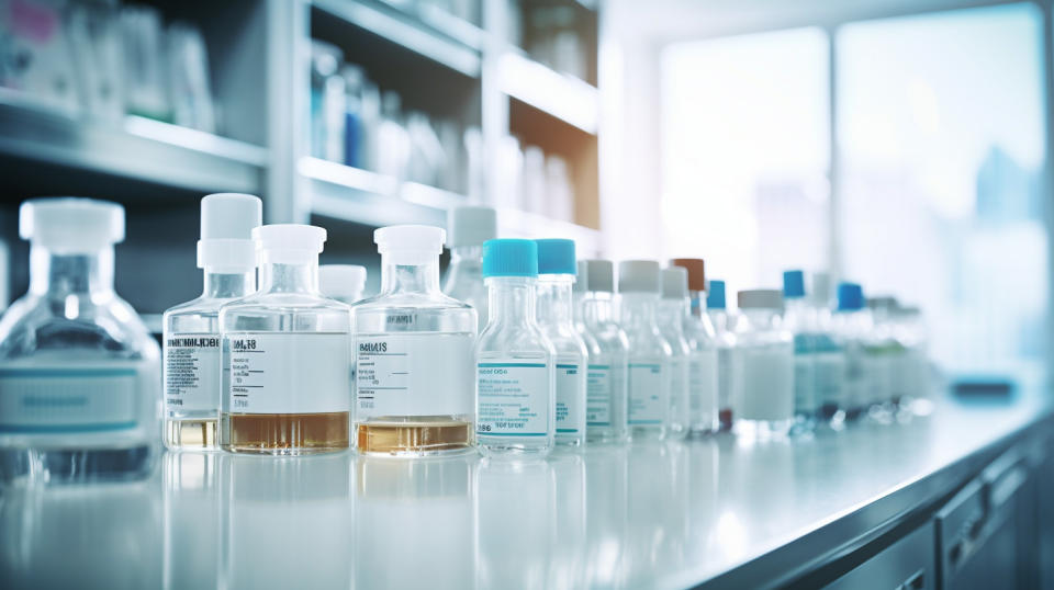 A line of biopharmaceutical products on a laboratory shelf waiting to be tested.
