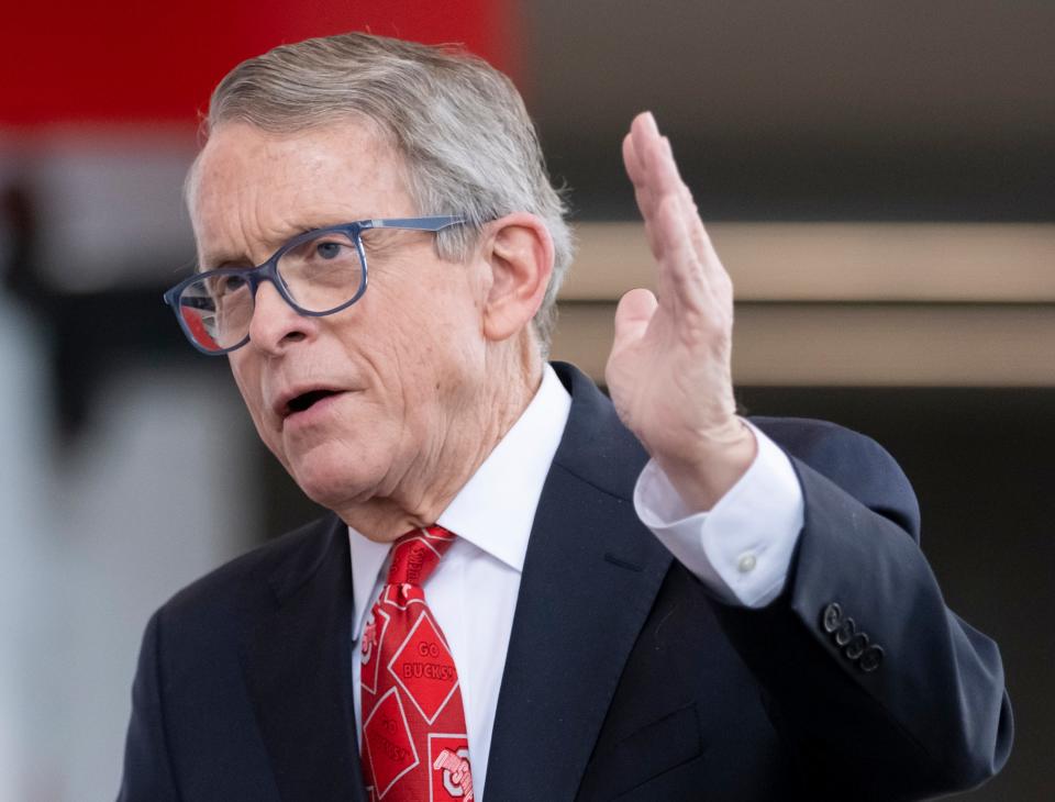 Gov. Mike DeWine speaks to media after touring the COVID-19 mass vaccination facility set up at Ohio State's Schottenstein Center in Columbus on Tuesday, March 9, 2021.