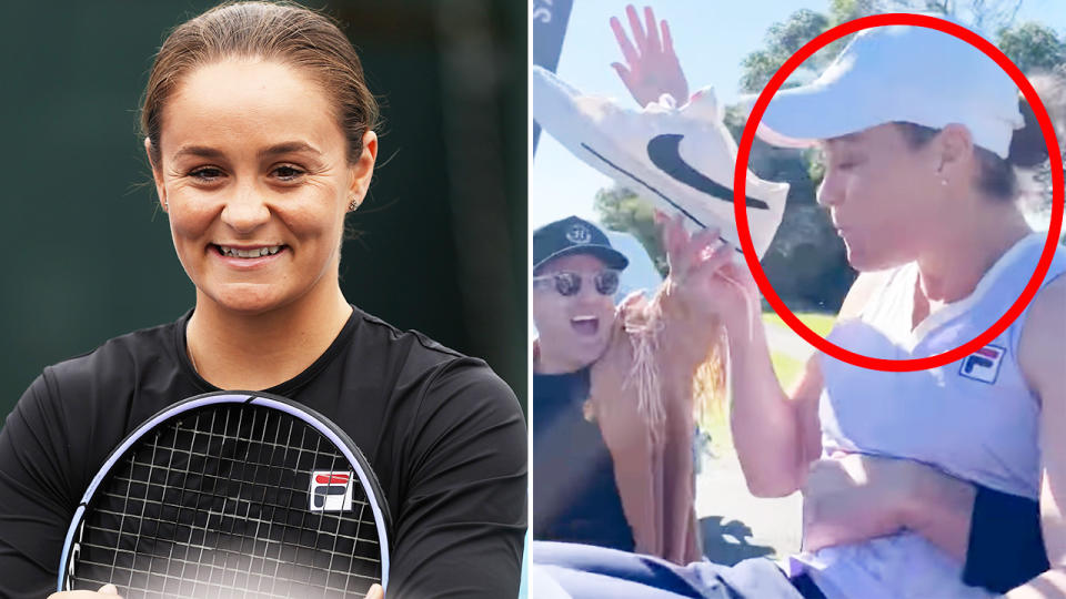 Ash Barty, pictured here downing a shoey at Mick Fanning's charity golf day.