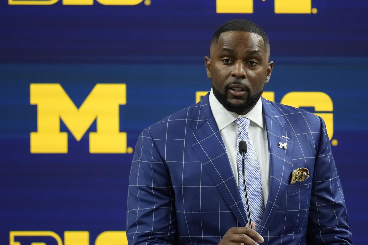 Michigan head coach Sherrone Moore speaks during an NCAA college football news conference at the Big Ten Conference media days at Lucas Oil Stadium, Thursday, July 25, 2024, in Indianapolis. (AP Photo/Darron Cummings)