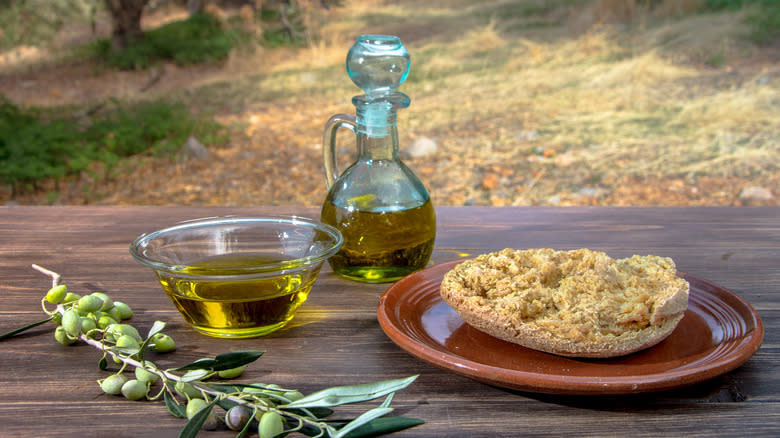 Greek rusk with olive oil jar