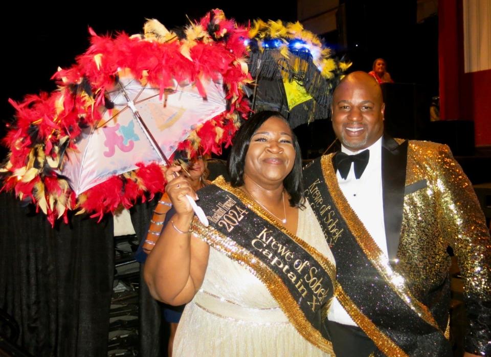 Krewe of Sobek Captain X Rosalind Howard and Co-Captain X Eric Monroe led the second line dance at the Krewe's coronation event on September 9, 2023, at the Municipal Auditorium.