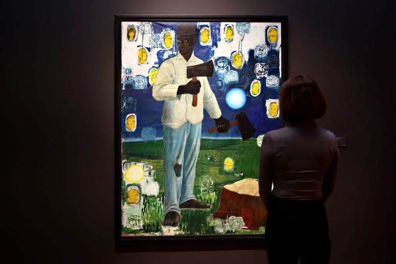 NEW YORK, NEW YORK - MAY 07: ‘Nat-Shango (Thunder)‘ by Kerry James Marshall is on display during a preview of the upcoming 21st Century Evening Sale at Christie’s on May 07, 2021 in New York City.