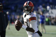 Cleveland Browns quarterback PJ Walker warms up before an NFL football game against the Seattle Seahawks, Sunday, Oct. 29, 2023, in Seattle. (AP Photo/Lindsey Wasson)