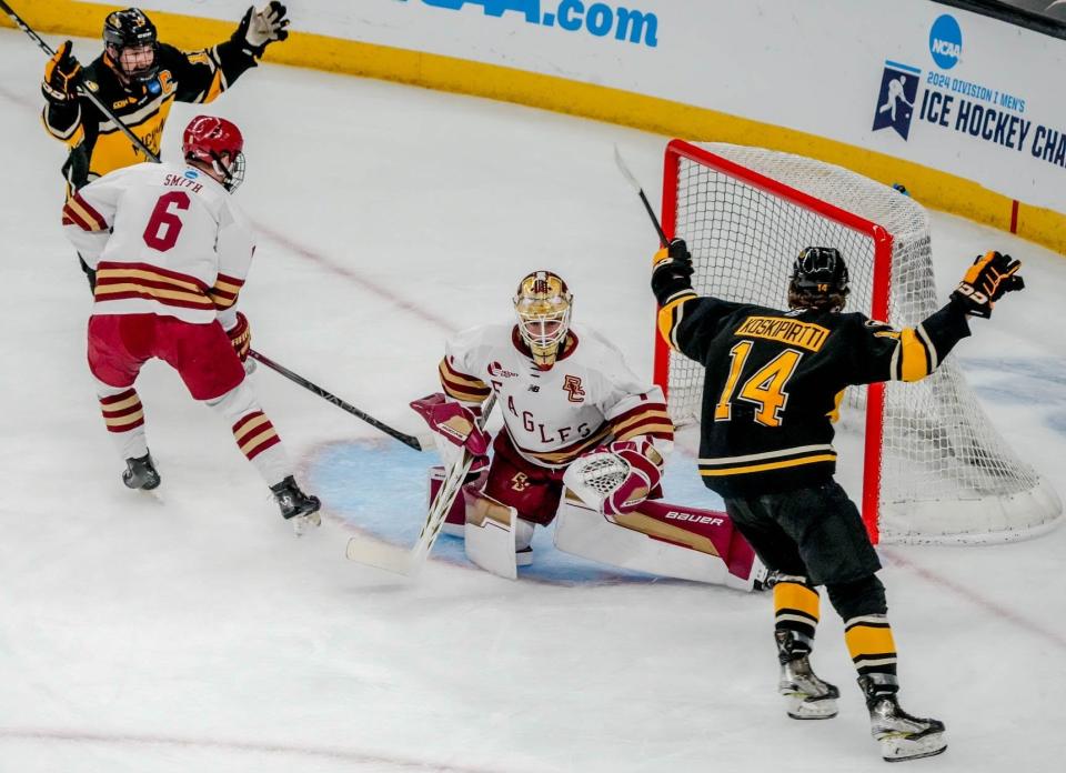 Michigan Tech's Max Koskipirtti ties the game at 1-1 with a first-period goal on Boston College goaltender Jacob Fowler, Friday, March 29, 2024 in the NCAA hockey regionals.