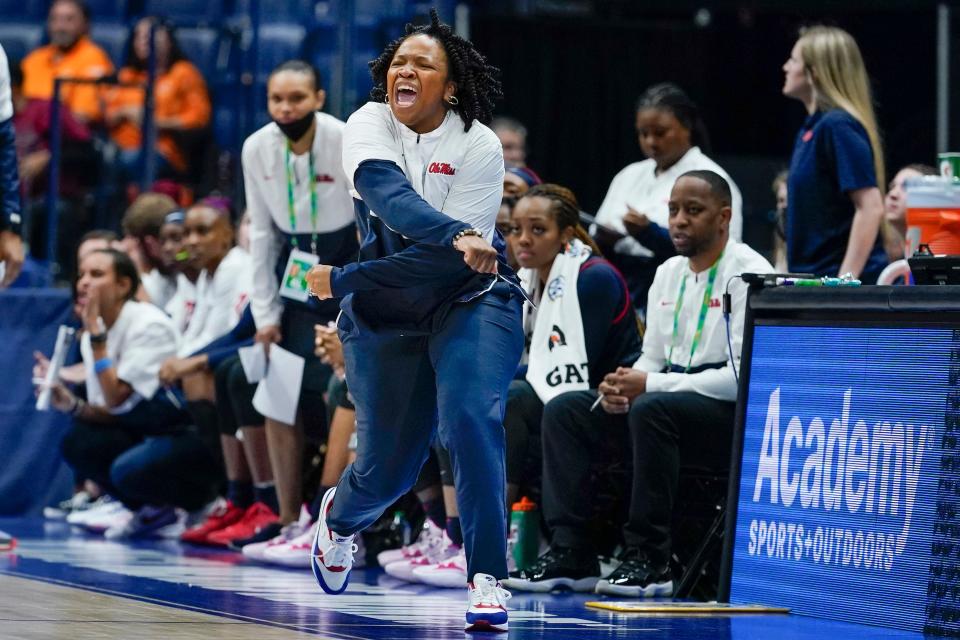 Mississippi head coach Yolett McPhee-McCuin reacts to a score against South Carolina in the second half of an NCAA college basketball semifinal round game at the women's Southeastern Conference tournament Saturday, March 5, 2022, in Nashville, Tenn. (AP Photo/Mark Humphrey)