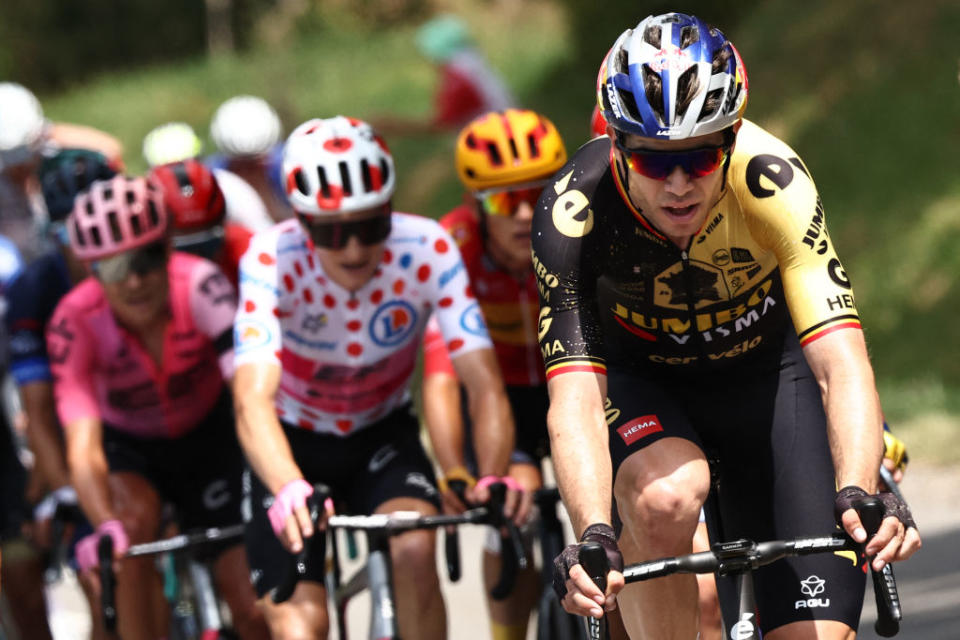 Jumbo-Visma's Belgian rider Wout Van Aert leads a breakaway in the French Alps during the 15th stage of the 110th edition of the Tour de France cycling race, 179 km between Les Gets Les Portes du Soleil and Saint-Gervais Mont-Blanc, in eastern France, on July 16, 2023. (Photo by Anne-Christine POUJOULAT / AFP)