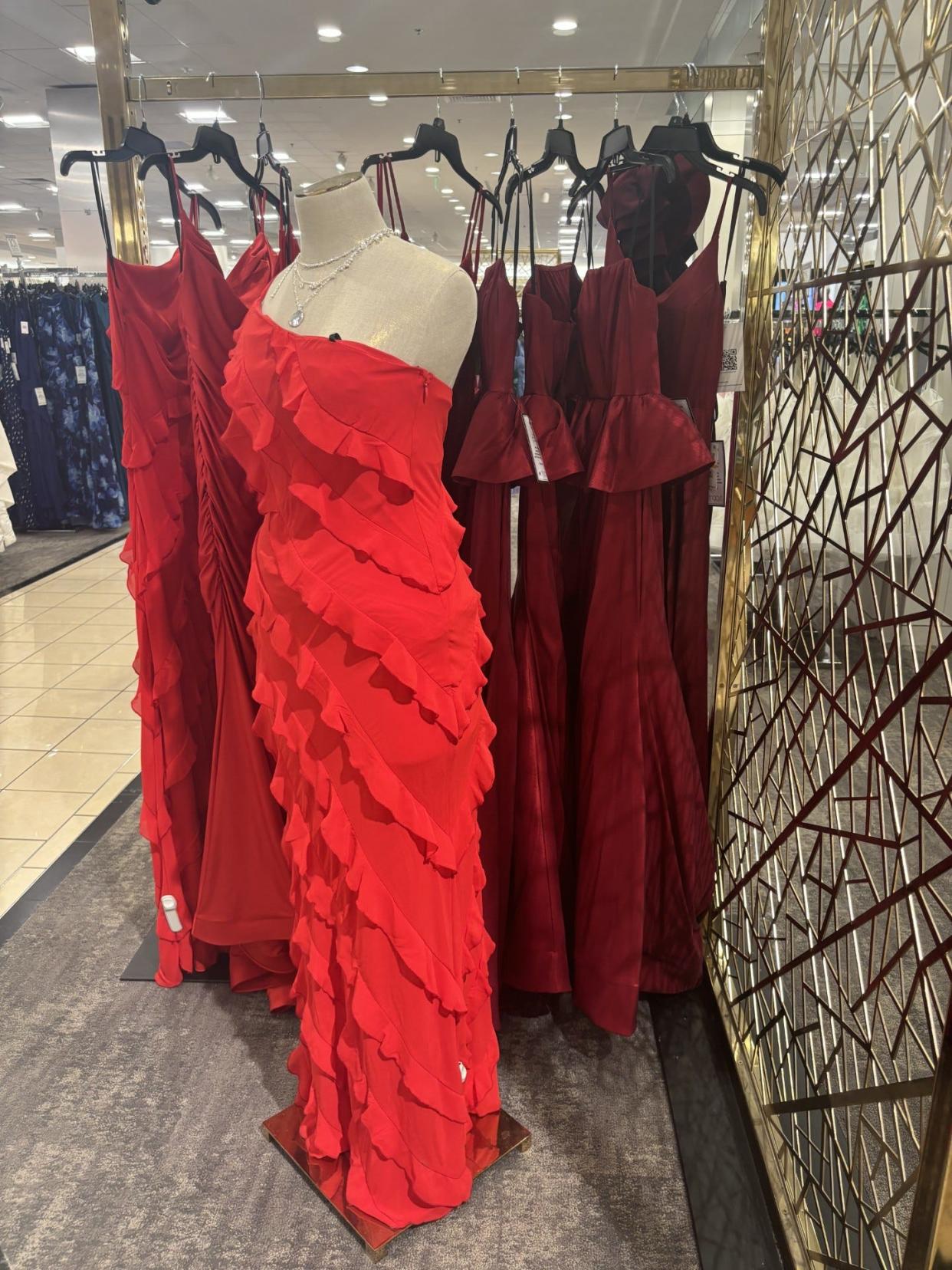 Frilly and feminine ruffled gowns are in for prom season 2024. These are available at Macy's at Cielo Vista Mall.