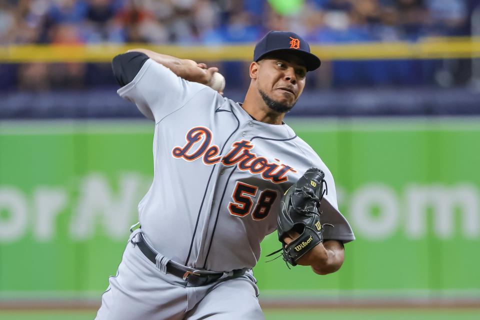 Tigers pitcher Wily Peralta throws a pitch during the first inning against the Rays on Sunday, Sept. 19, 2021, in St. Petersburg, Florida.