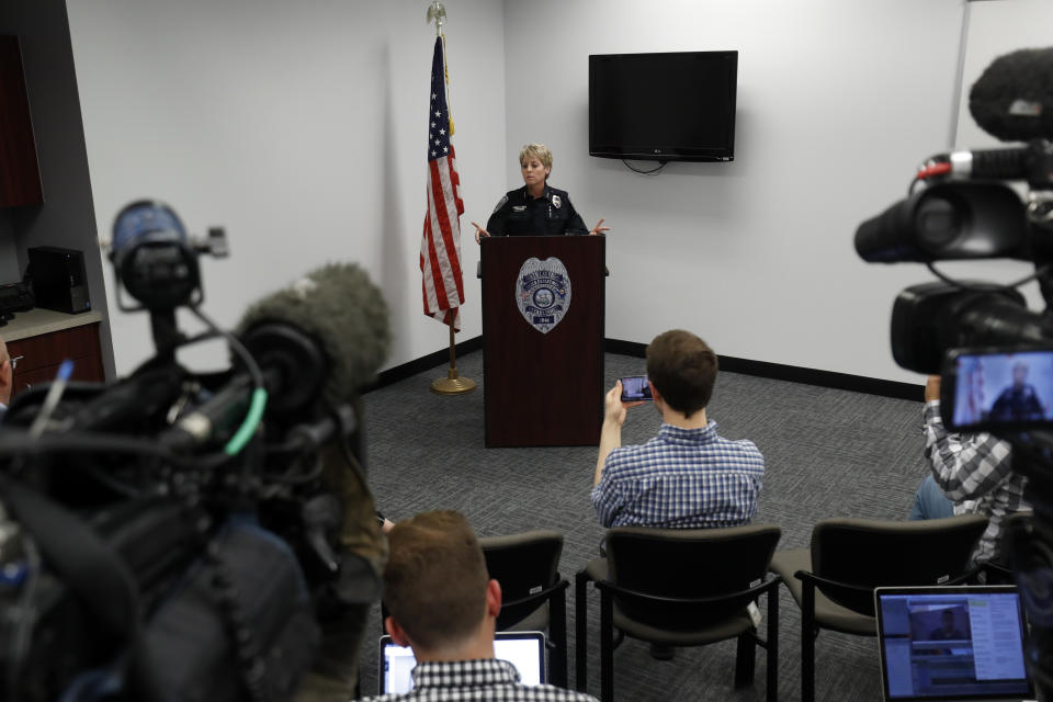 North Las Vegas Police Department Assistant Chief Pamela Ojeda responds to questions during a news conference in North Las Vegas Friday, Nov. 2, 2018. An 11-year-old girl was killed when suspected gang members opened fire into the wrong house on Thursday night, in North Las Vegas, she said. (Steve Marcus/Las Vegas Sun via AP)