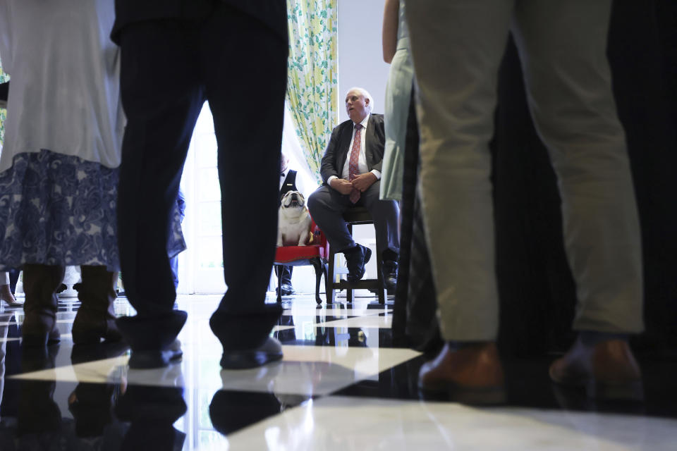 FILE - West Virginia Gov. Jim Justice speaks at a private event in White Sulphur Springs, W.Va., on April 27, 2023. The two-term governor is set to give his final State of the State speech to lawmakers on Wednesday, Jan. 10, 2024. (AP Photo/Chris Jackson, File)