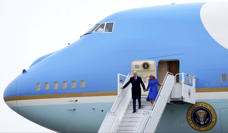 President Joe Biden and first lady Jill Biden deplane as they arrive at Ottawa/Macdonald–Cartier International Airport ahead of an official state visit in Ottawa, Ontario, Thursday, March 23, 2023. 