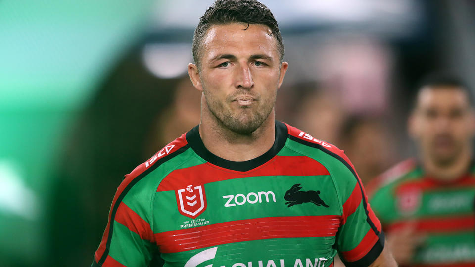 Sam Burgess is pictured before an NRL game for the South Sydney Rabbitohs.