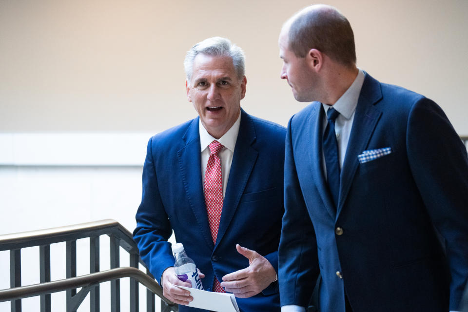 UNITED STATES - DECEMBER 13: House Minority Leader Kevin McCarthy, R-Calif., leaves the House Republicans caucus meeting in the Capitol on Tuesday, December 13, 2022. (Bill Clark/CQ-Roll Call, Inc via Getty Images)