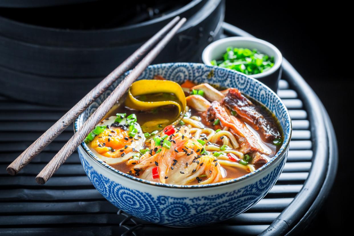 Closeup of Kimchi soup with ribs and eggs