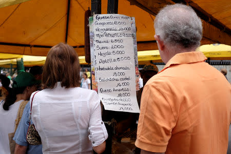 People check prices of products in a street market in Caracas, Venezuela August 18, 2018. REUTERS/Marco Bello