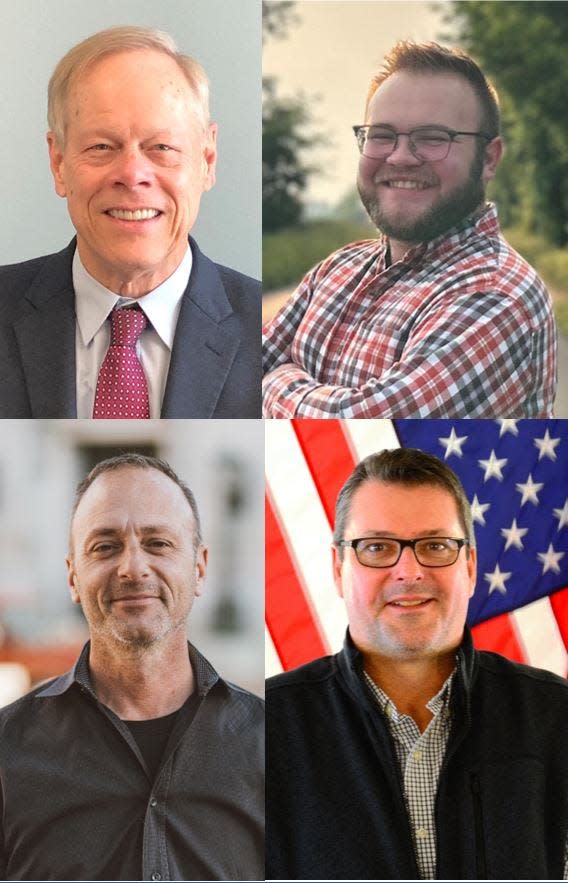 Four candidates will compete for three seats on the Franklin County Board of Commissioners in the general election on Nov. 7. Clockwise from top left: Bob Ziobrowski, Cameron Schroy, John Flannery and Dean Horst.