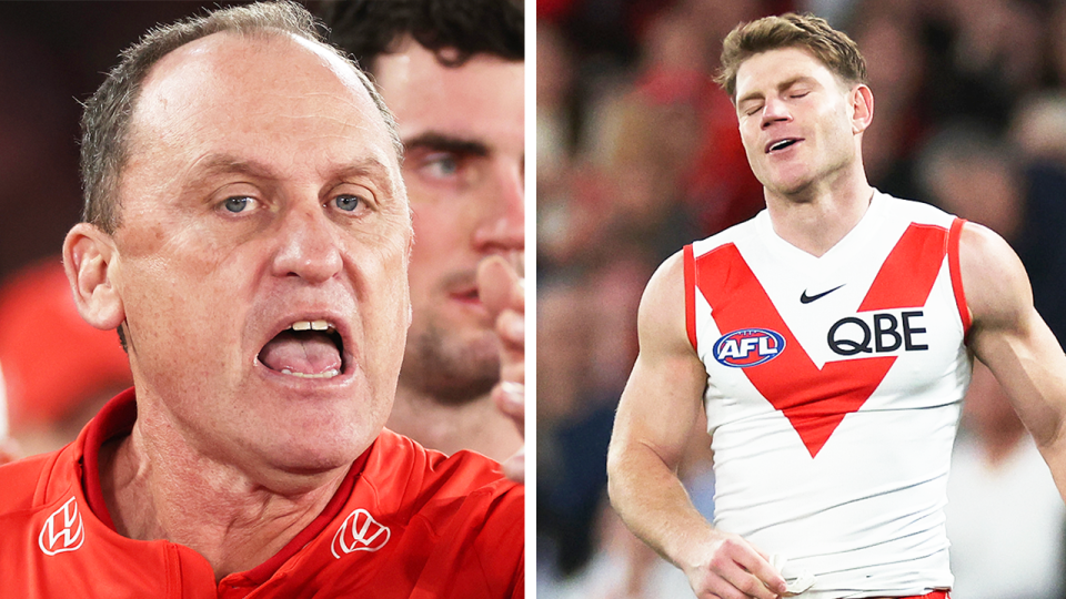 Leigh Montagna has claimed John Longmire (pictured left) has a huge call to make on whether Taylor Adams (pictured) will find himself as a starter at the Swans come the AFL finals. (Getty Images)