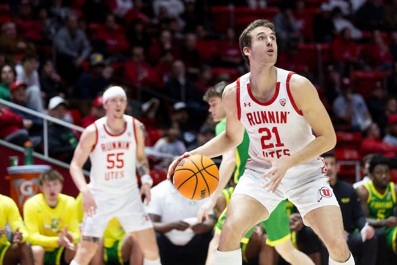 Utah Utes guard, Luka Tarlac (21) looks to pass the ball at the Huntsman Center in Salt Lake City on Jan. 21, 2024. The Utes won 80-77. | Marielle Scott, Deseret News