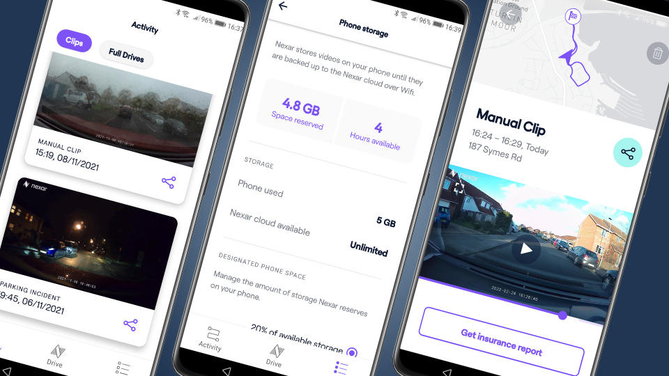 Three phones showing the Nexar dash cam app