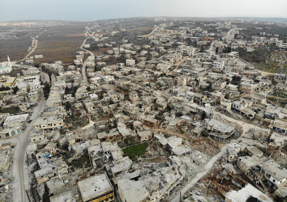Destroyed buildings in the Syrian town of Ihsim, in the southern countryside of Idlib, on Feb. 19, 2020. | Omar Haj Kadour—AFP/Getty Images